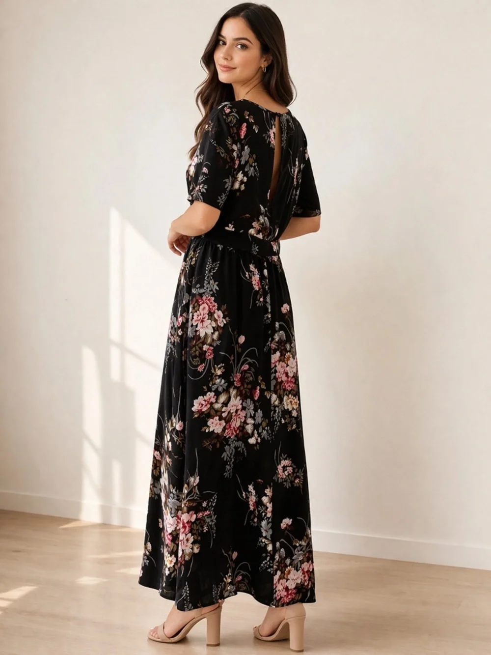 Black Floral Maxi Dress Surplice Neck Short Sleeve Flowy Women’s Size L - Picture 2 of 3